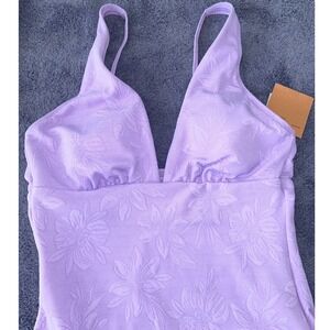 Shade & Shore Textured Floral Print One Piece Swimsuit V-Neck Lavender